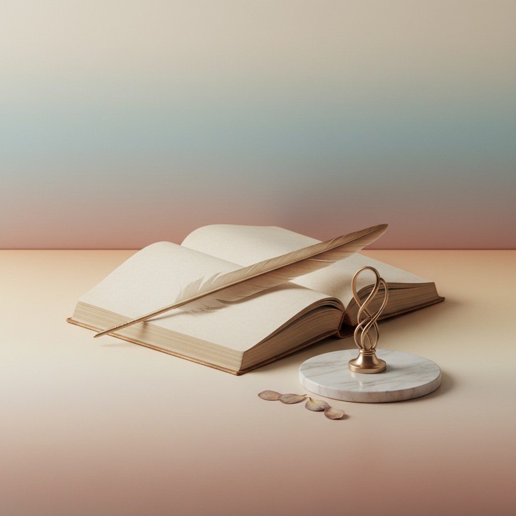 A book, quill, and marble stand on a gradient background.