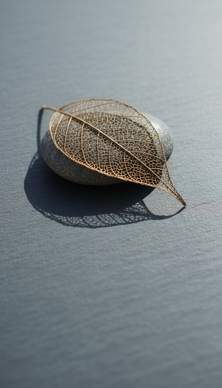 A single, intricately patterned autumn leaf in muted gold and bronze tones, lying gently atop a smooth river stone on a cool, slate background. Soft morning light from the side reveals the leaf’s delicate veins and subtle gradients of color, with gentle shadows outlining the scene’s elements. The composition is minimal, with negative space emphasizing the leaf’s beauty and the stone’s quiet presence. Photographed from a slightly elevated angle with a shallow depth of field, the mood is contemplative and serene, embodying refined elegance and the fleeting nature of memoirs.