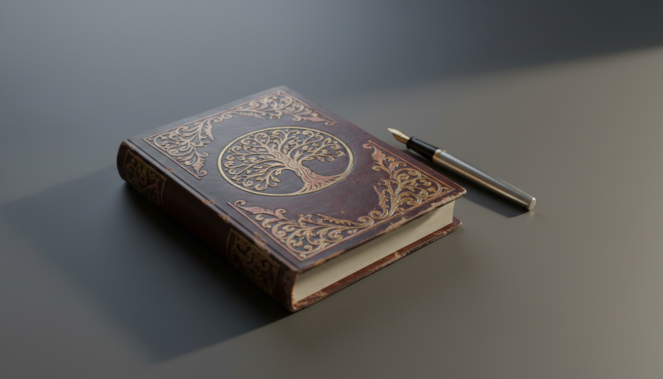 An elegant, handcrafted leather-bound journal with fine embossing and slightly worn edges, resting on a matte charcoal desk surface. Subtle, muted tones dominate the scene, complemented with a single polished fountain pen lying parallel to the journal. Soft afternoon diffused light filters in from the upper left, casting gentle shadows and producing a delicate gradient across the desktop. The composition is centered with a shallow depth of field, accentuating the refined textures and details of the journal. The atmosphere is sophisticated and quietly contemplative, evoking a sense of intimate reflection in a minimalist, photographic style.
