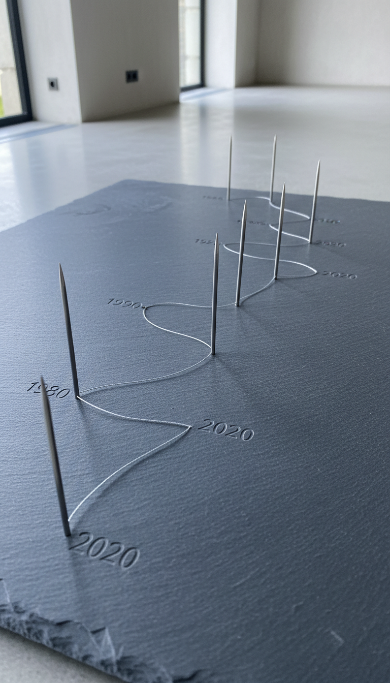 A sophisticated timeline display composed of slender, metallic pins and fine thread tracing a path across an understated slate-gray surface, marked with minimalist, engraved years. The timeline undulates gently, with each pin casting a faint, elongated shadow beneath cool, diffused natural light. Positioned in a spacious setting with zero clutter, the angled perspective emphasizes the gradual progression and elegance of the design. This clean, photographic composition conveys a sense of refined nostalgia and structured memory, perfectly complementing a memoir-focused, elegant personal site.