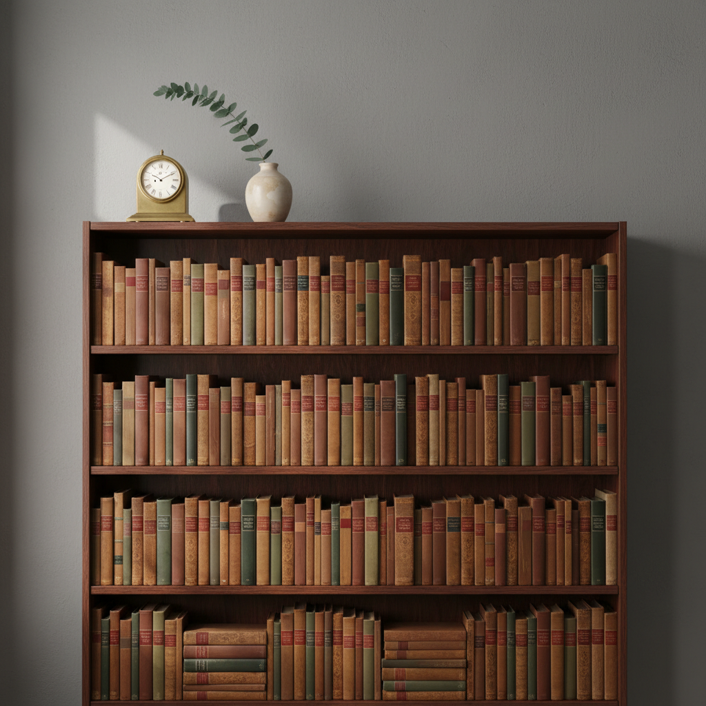 A classic wooden bookshelf with rows of delicately aged, hardbound books in varied earth-toned covers, each shelf spaced precisely for symmetry. The shelf is positioned against a lightly textured, muted gray wall, with a small, elegant brass clock resting on the highest shelf and a single ceramic vase with a sprig of eucalyptus to one side. Soft, overcast daylight drifts across the shelves from the side, creating subtle highlights and elongated shadows that enhance the sense of depth. Captured with an eye-level, wide-angle composition, the image exudes refined intellectualism and a tranquil, minimalist sophistication.