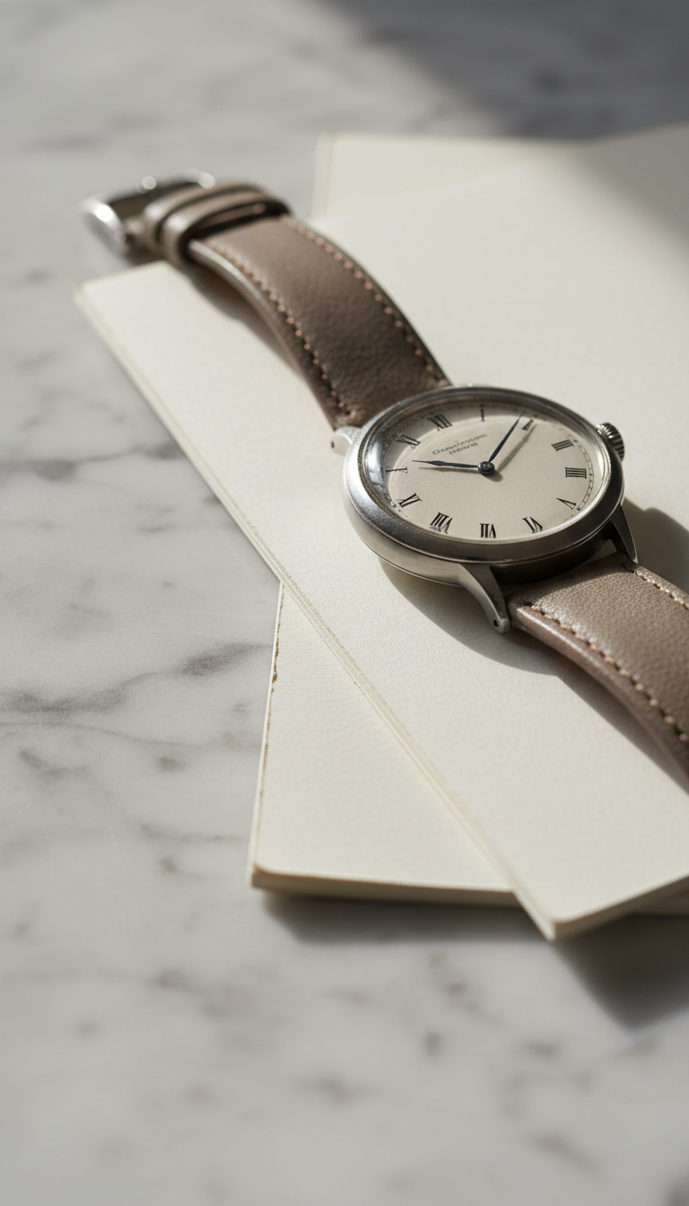 An exquisitely detailed, vintage wristwatch with a brushed silver case and a muted leather strap, positioned atop a stack of refined, unadorned paper on a marble surface. The scene is illuminated by soft, natural light creating smooth gradients and subtle highlights on the watch’s crystal and case, while gentle shadows fall onto the marble. A minimalist, sharp focus showcases the fine, tactile details and craftsmanship. This eye-level, rule-of-thirds composition evokes themes of the passage of time and personal history, aligning seamlessly with a sophisticated photographic aesthetic.