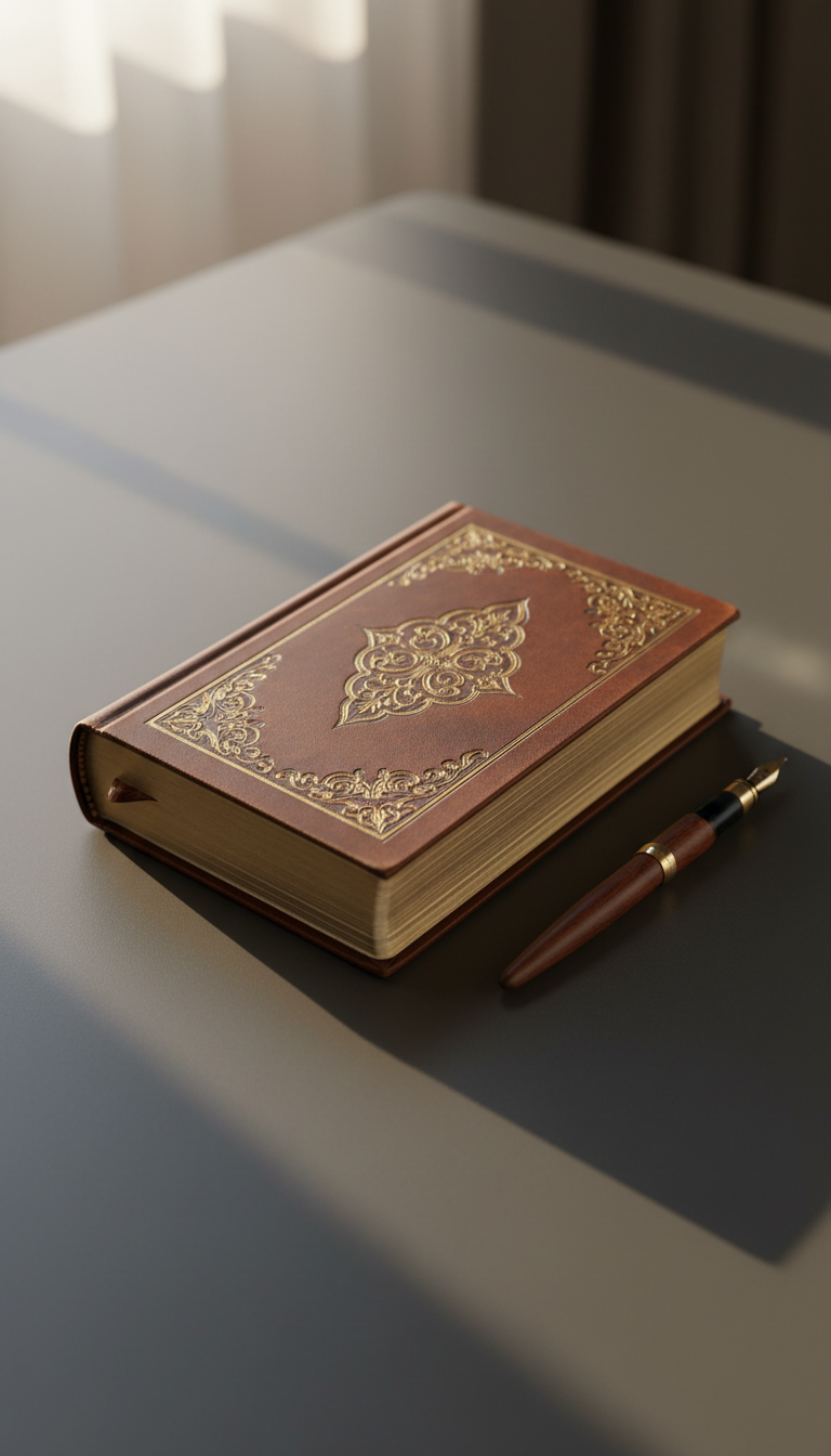 An elegant, handcrafted leather-bound journal with fine embossing and slightly worn edges, resting on a matte charcoal desk surface. Subtle, muted tones dominate the scene, complemented with a single polished fountain pen lying parallel to the journal. Soft afternoon diffused light filters in from the upper left, casting gentle shadows and producing a delicate gradient across the desktop. The composition is centered with a shallow depth of field, accentuating the refined textures and details of the journal. The atmosphere is sophisticated and quietly contemplative, evoking a sense of intimate reflection in a minimalist, photographic style.